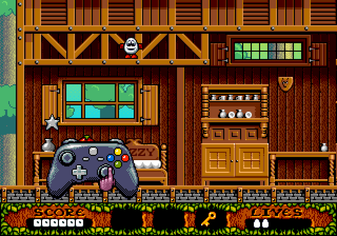 Dizzy's hut: the key on the beam, the door on the right.