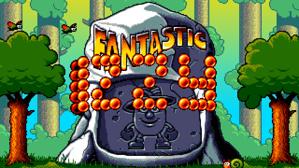 The title screen of Fantastic Dizzy: the word FANTASTIC on a rock carved with Dizzy's face, DIZZY spelled out in magic stars, between two trees